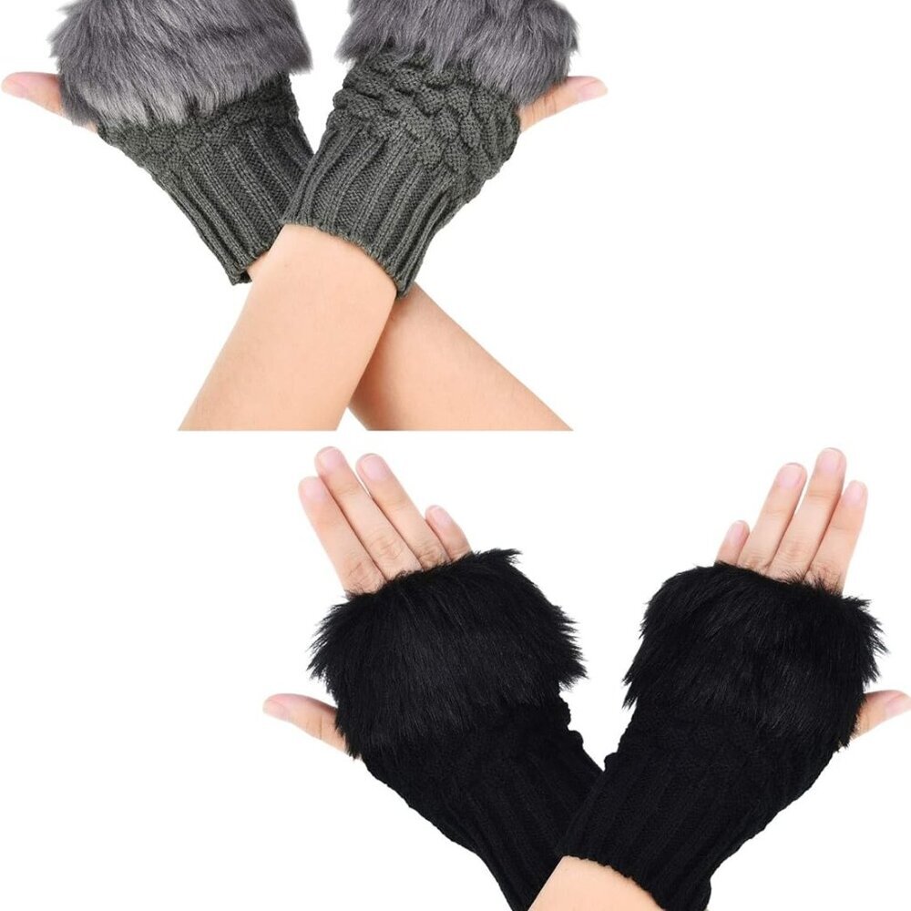 2 Pairs Fingerless Winter Gloves Short Touchscreen Gloves Thumbhole Mittens Knit